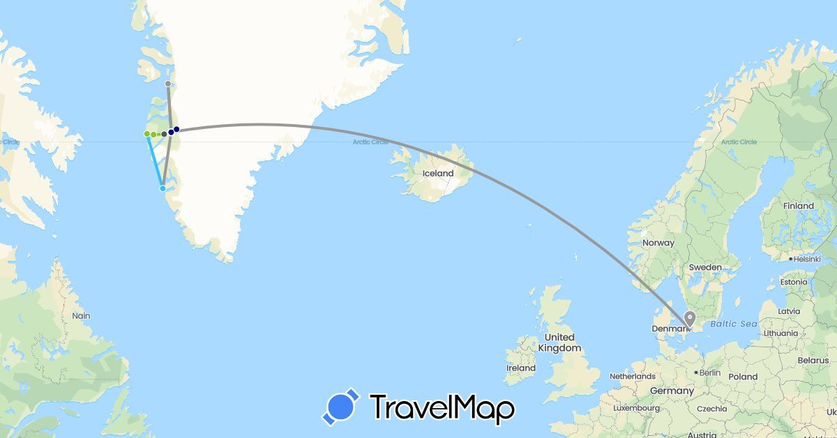 TravelMap itinerary: driving, plane, boat, motorbike, electric vehicle in Denmark, Greenland (Europe, North America)